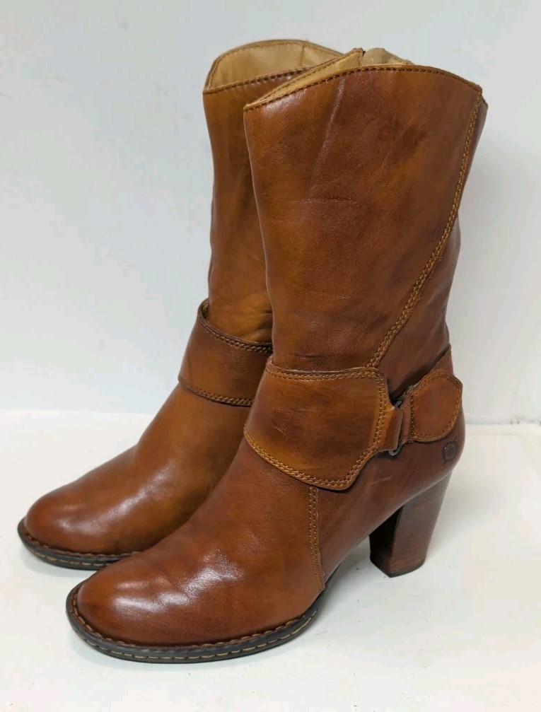 Womens Born Dani Sz 9 B Soft Brown Leather Mid Calf Zipper Buckle Heeled Boots