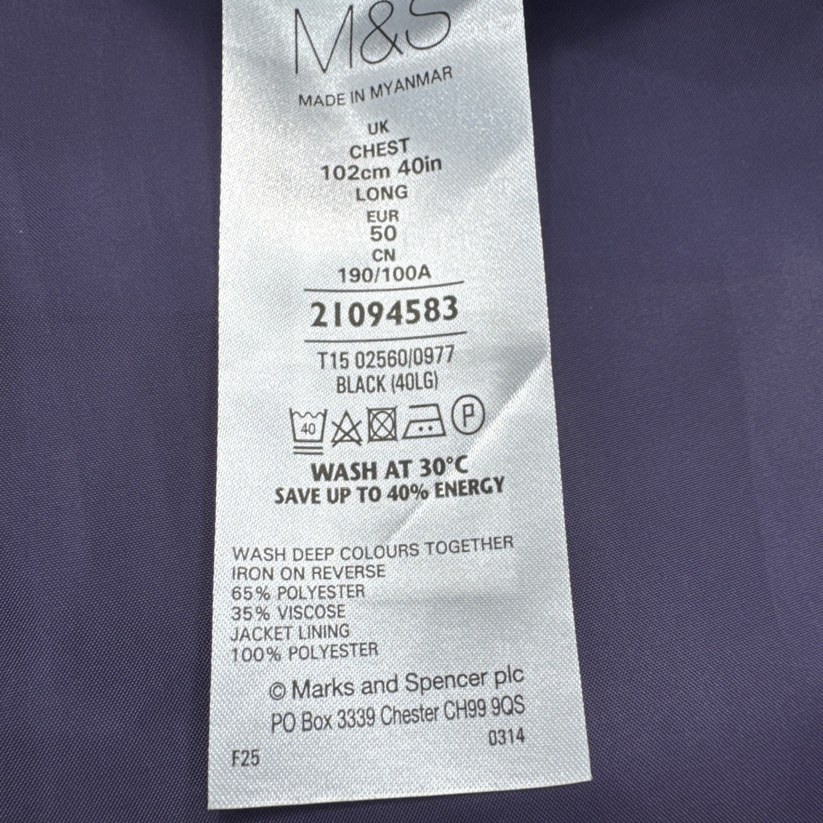 M&S COLLECTION Black Regular Fit Machine Washable Suit Jacket Chest 40L
