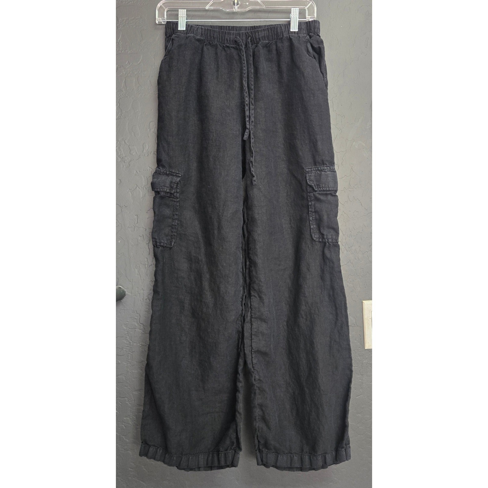 Caslon Black Linen Wide Leg Cargo Pants Drawstring Elastic Waist XS
