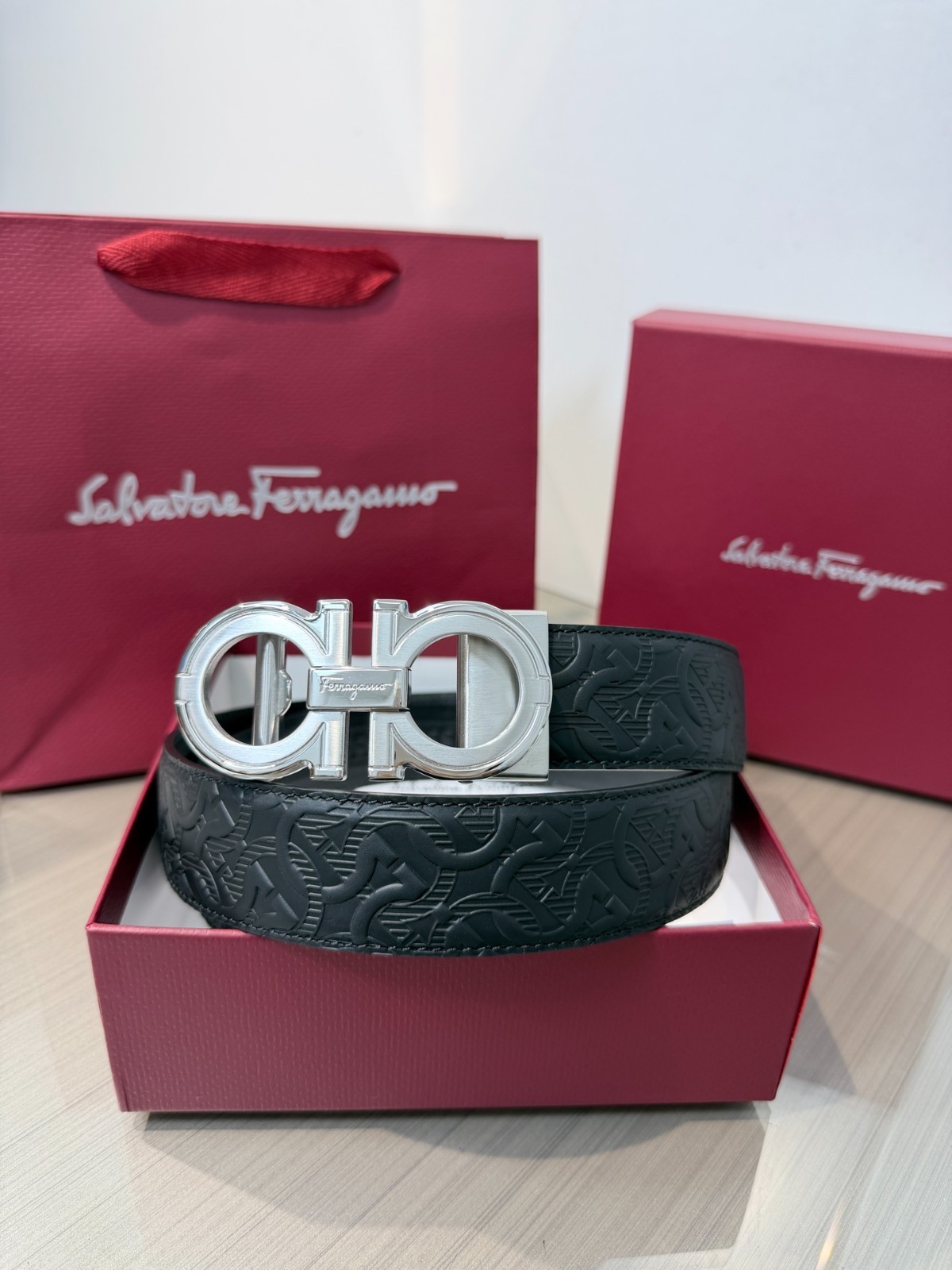 FERRAGAMO Black Gancini Monogram Leather Silver Buckle Belt Size 90 – 3,7 cm