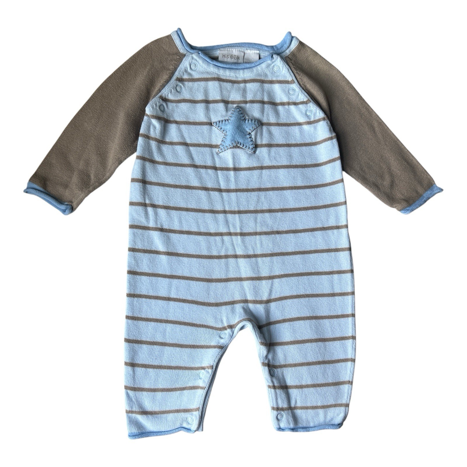 His Gem Baby Striped Knit Coverall One-Piece 6/9M Blue Brown Star Applique Snap