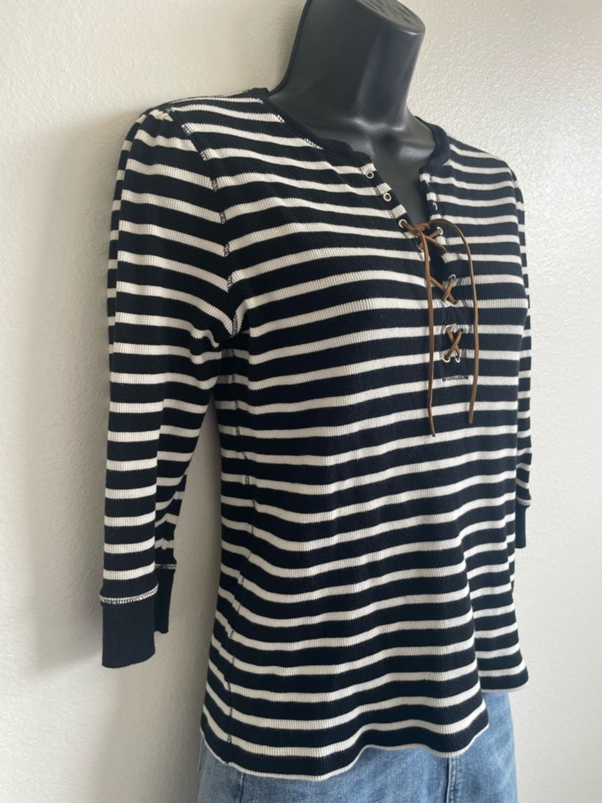 Lauren Ralph Lauren Striped Lace-Up Top Womens Black White Nautical – Medium