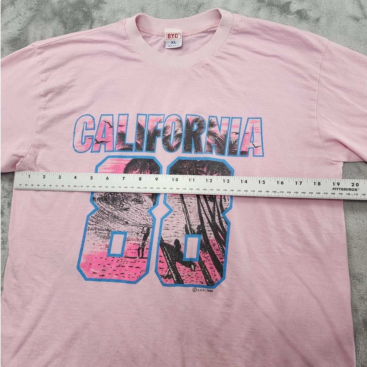 Vintage 80s BYC Top Womens M Pink California 88 Graphic Tee Crew Neck Surf Beach