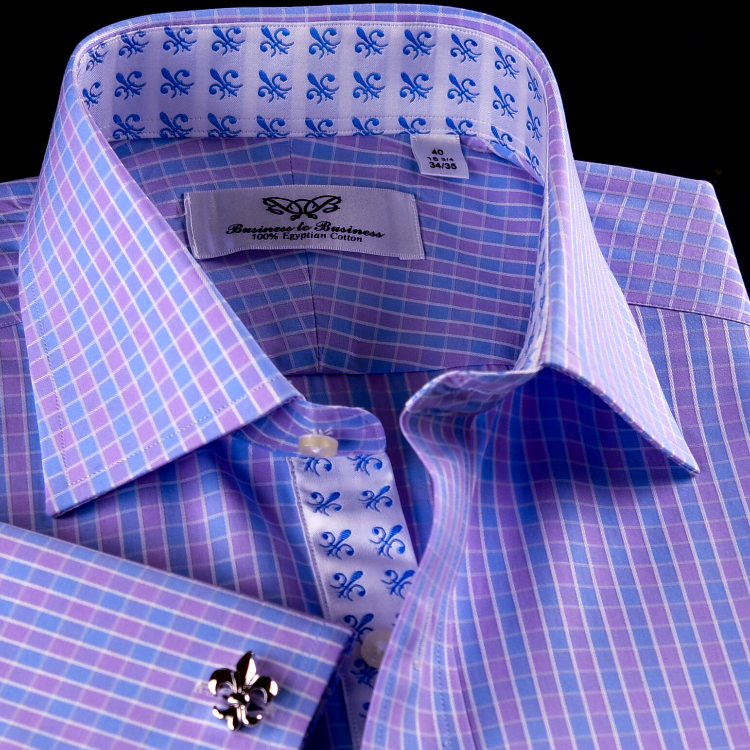 NEW Arrival Purple Blue Check WIth Blue Fleur-De-Lis Dress Shirt French Cuffs