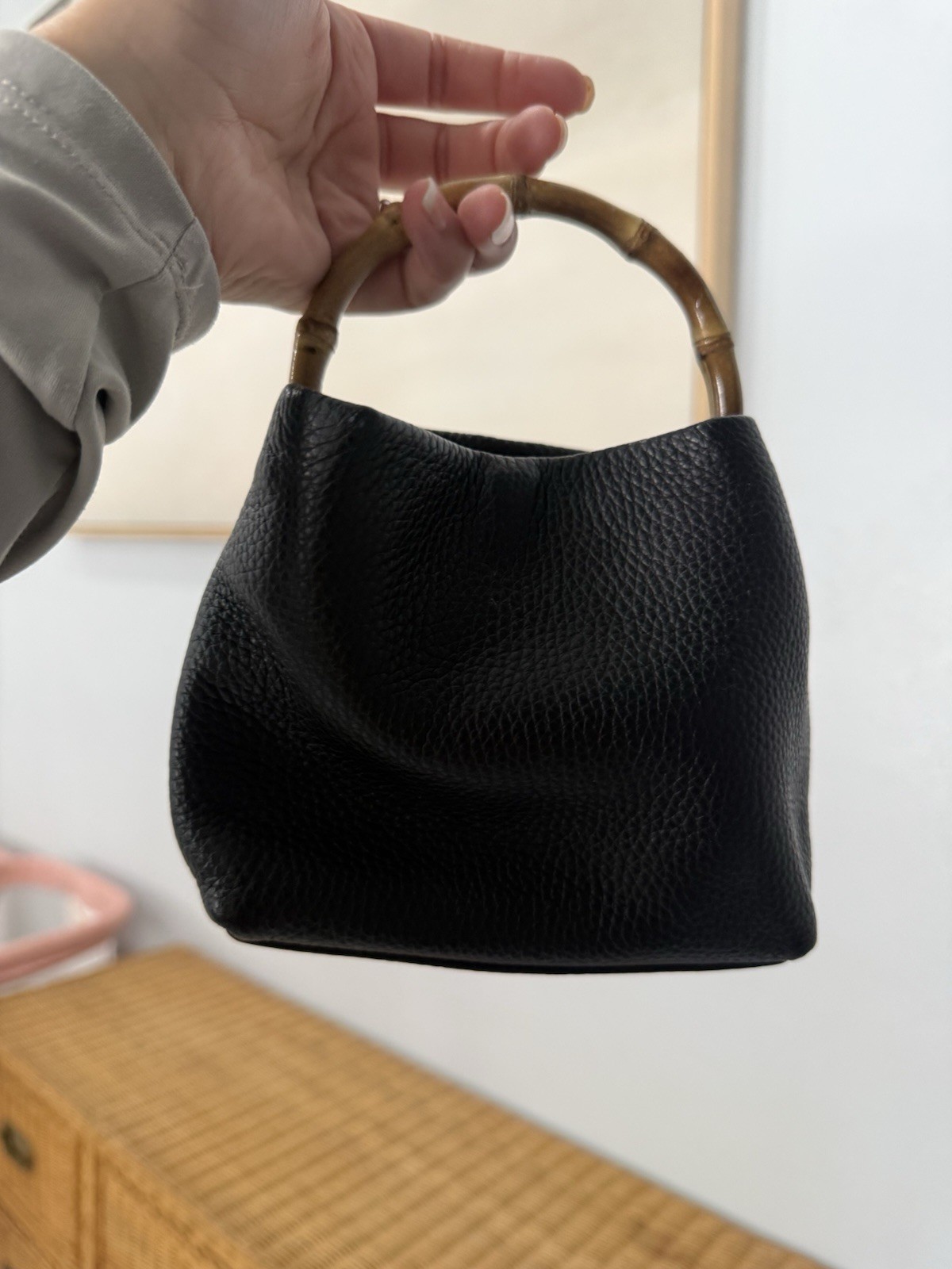 Cult Gaia Solene Mini Top Handle Bag Black Pebbled Finish Bamboo Handle Strap