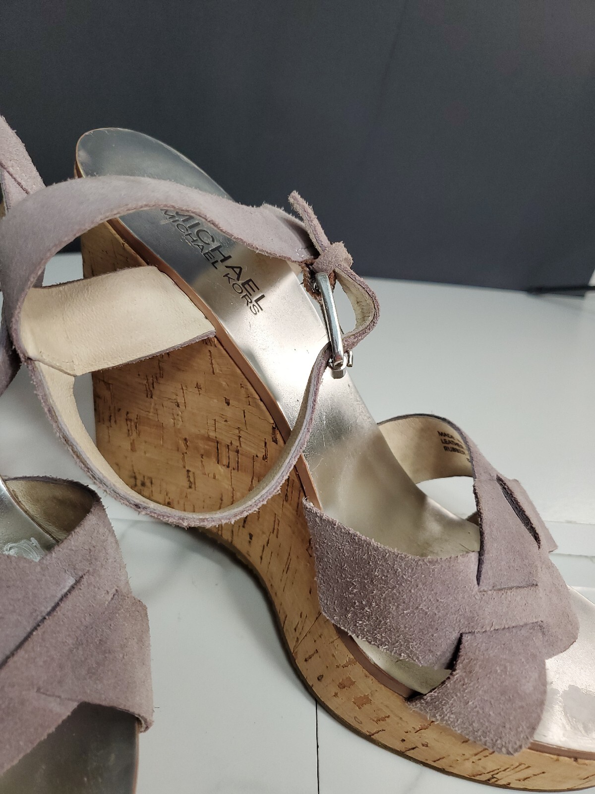Michael Kors Strappy Leather Peony Pink 4.8″Heels Wedge Corks Bottom Sandal 8M