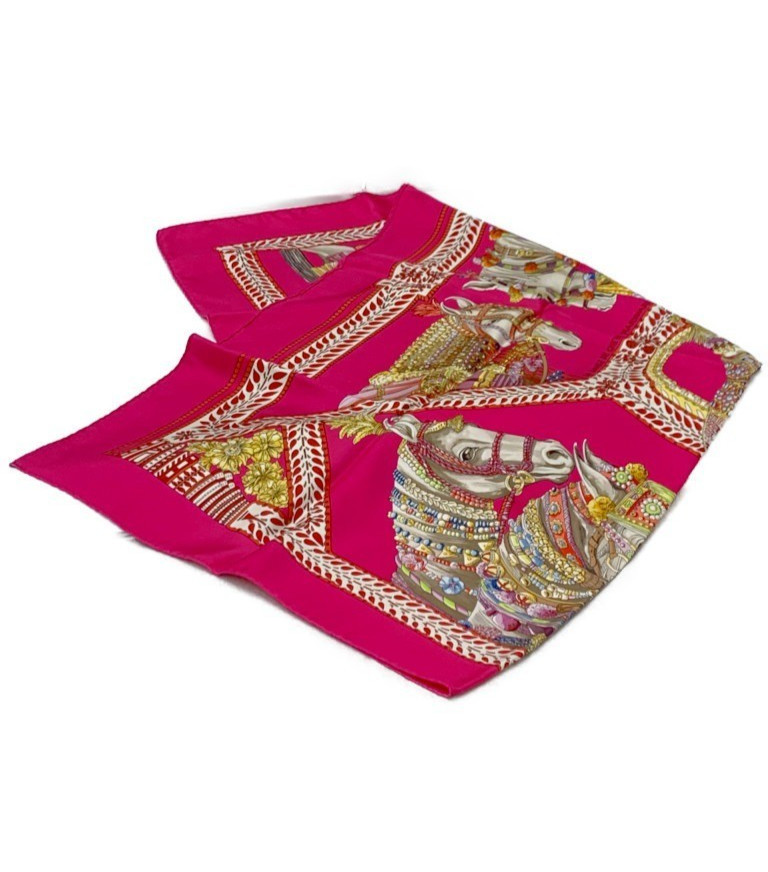 HERMES Carre 90 La Danse du Cheval Marwari Silk Scarf Pink Horse Used