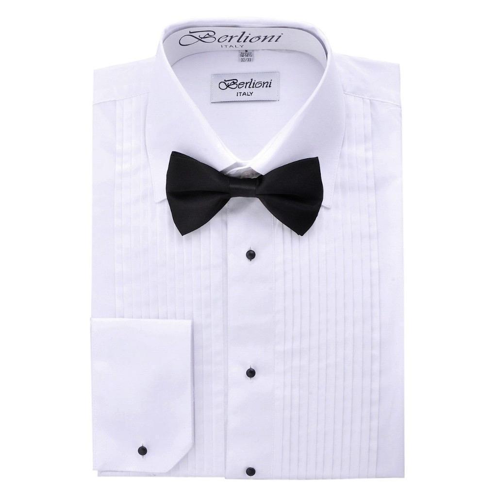 New Berlioni Italy Men’s Premium Tuxedo Dress Shirt Laydown Collar Bow-Tie White