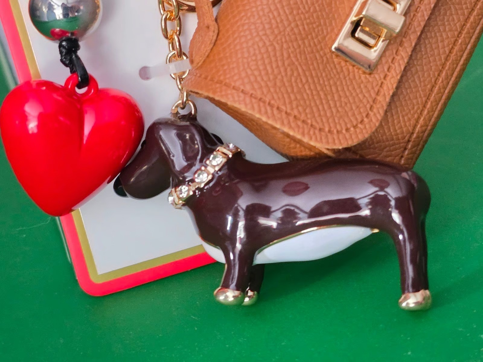 Piper K Glass Stone Hand Painted Dachsund Heart Bag Charm Keychain