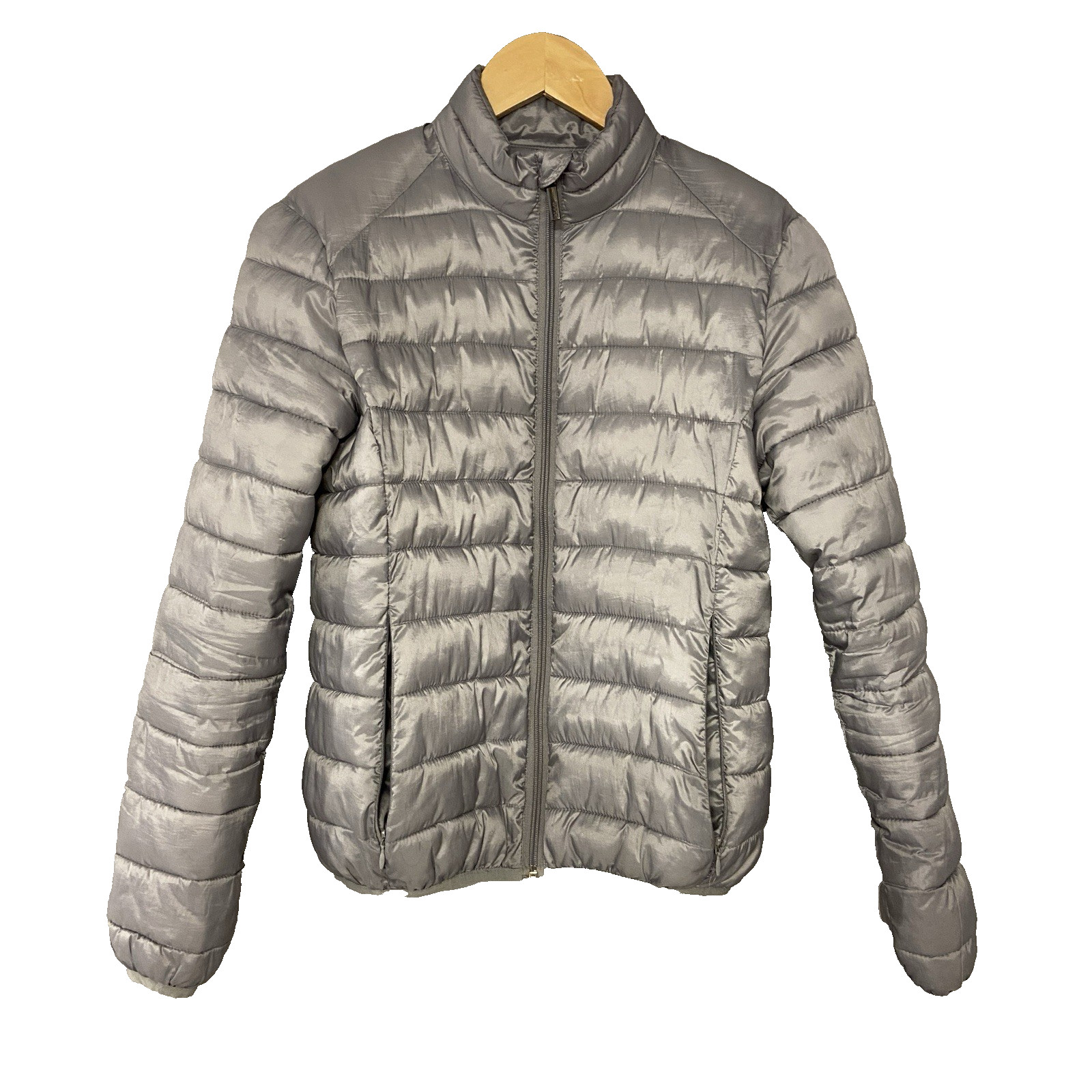 Slam Puffer Jacket Mens Small Silver Packable Coat Insulated Pockets Cosy