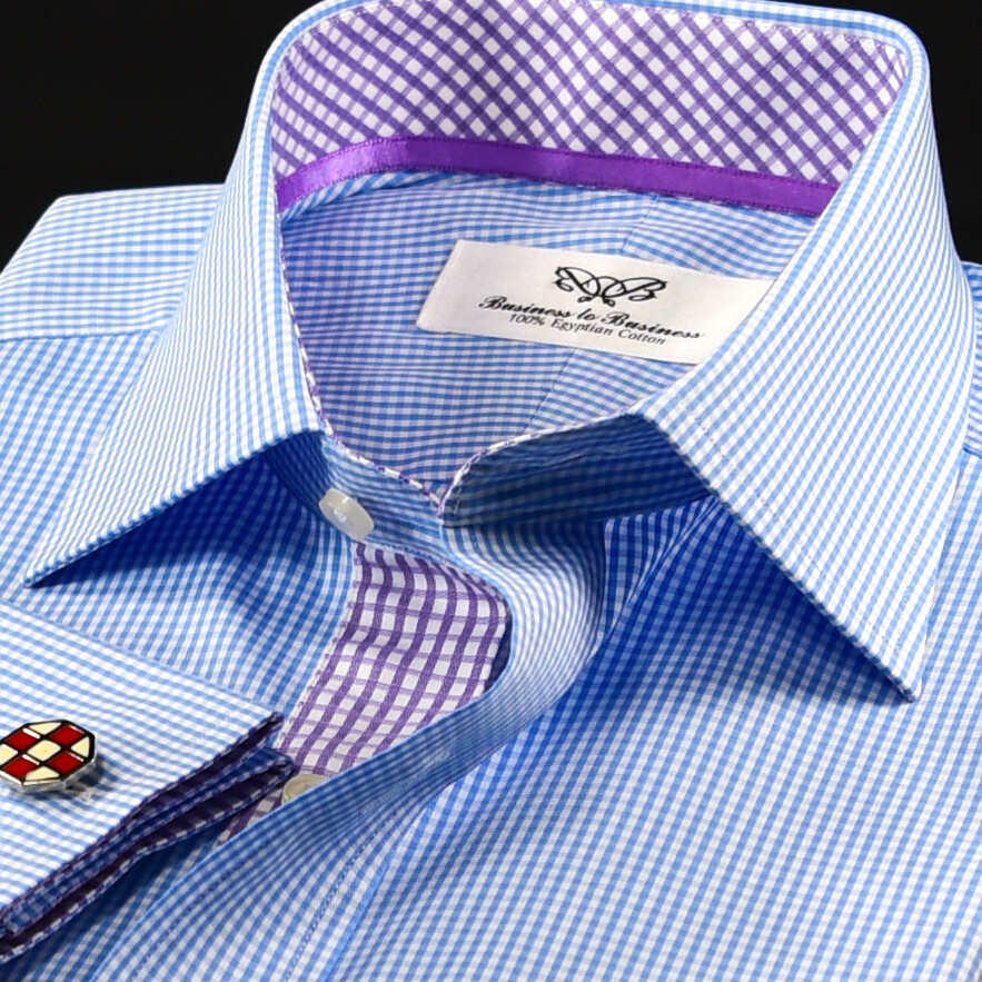 Blue Check on Designer Formal Business Dress Shirt Purple Matching Pattern
