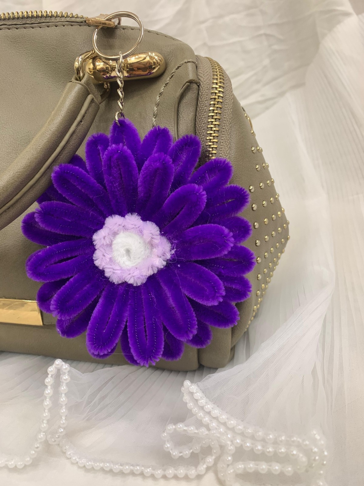 Handmade Chenille Flower Keychain Cute Floral Bag Charm Unique Gift Accessory
