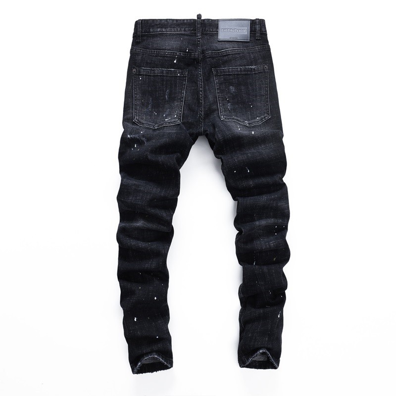 Men’s Punk Ripped PU Patch Slim fit Jeans Retro Classic High Quality Black Pants
