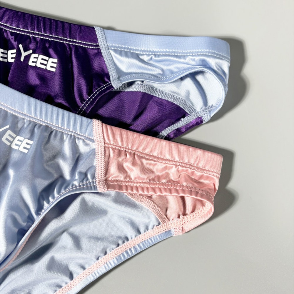 Men Sexy Satin Smooth Underwear Breathable Low-Waist Underpants Patchwork Briefs