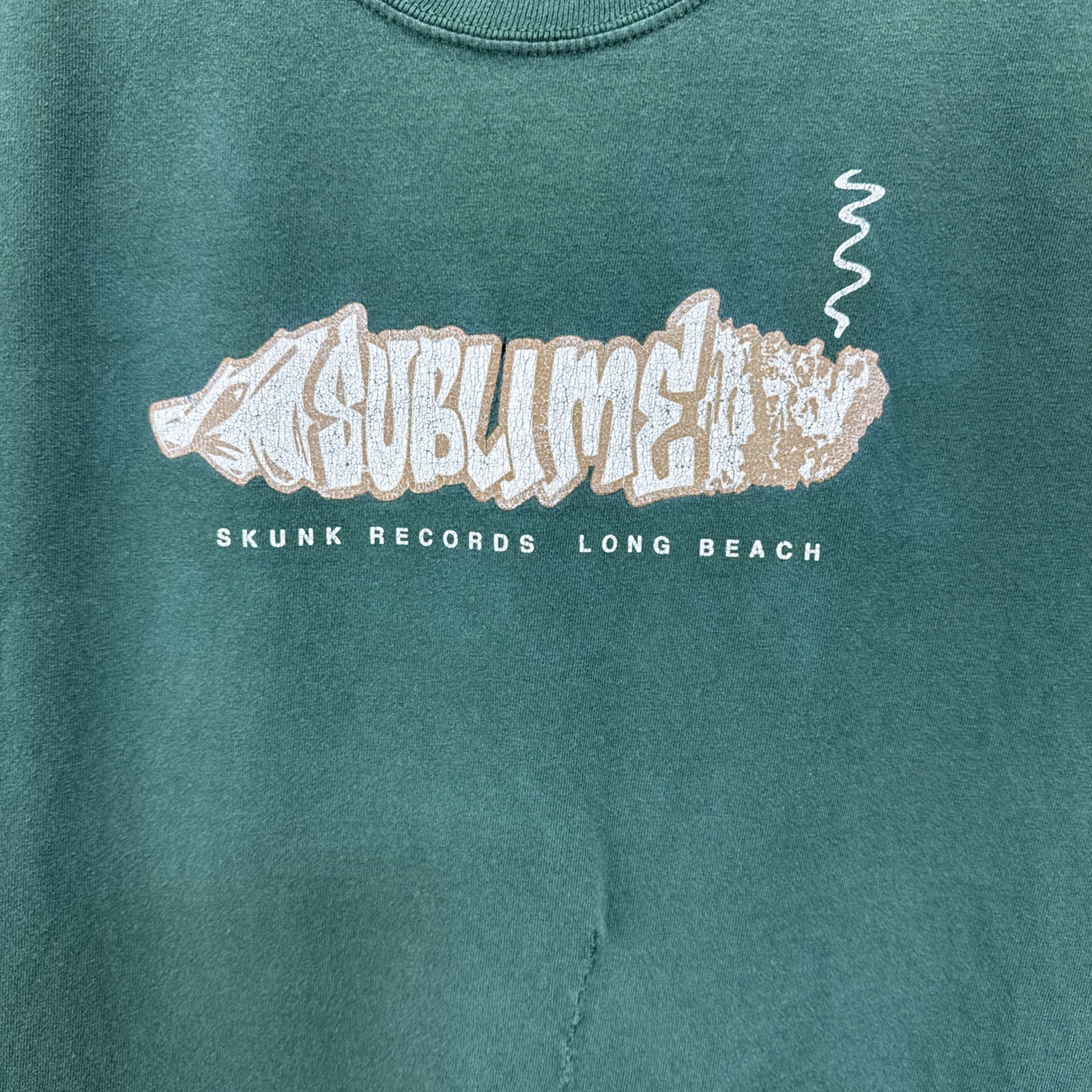 VINTAGE SUBLIME SKUNK RECORDS LBC Joint Logo 90’s T Shirt XL Green Repaired RARE