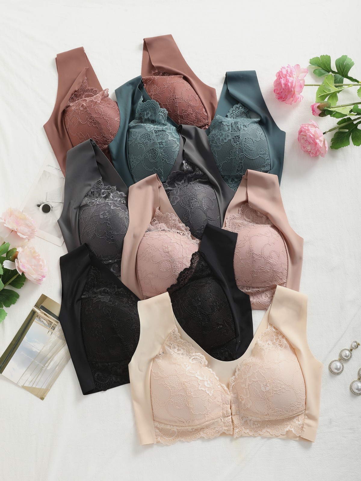 6Pcs Front Closure Lace Wireless Bra Wide Strap Comfort Support Bralette
