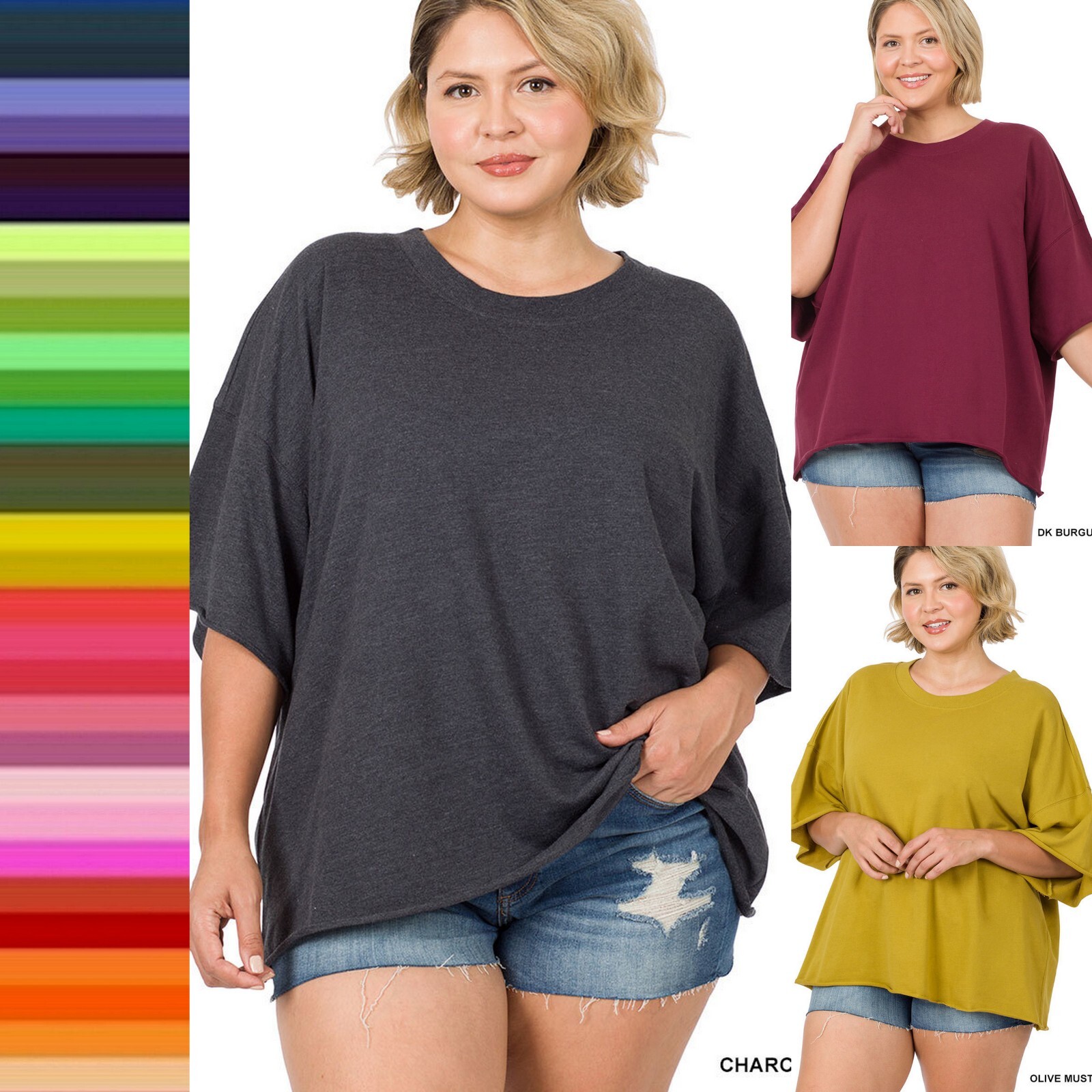 1X 2X 3X Plus Round Neck French Terry Raw Edge Top Short Sleeve Cotton T Shirt