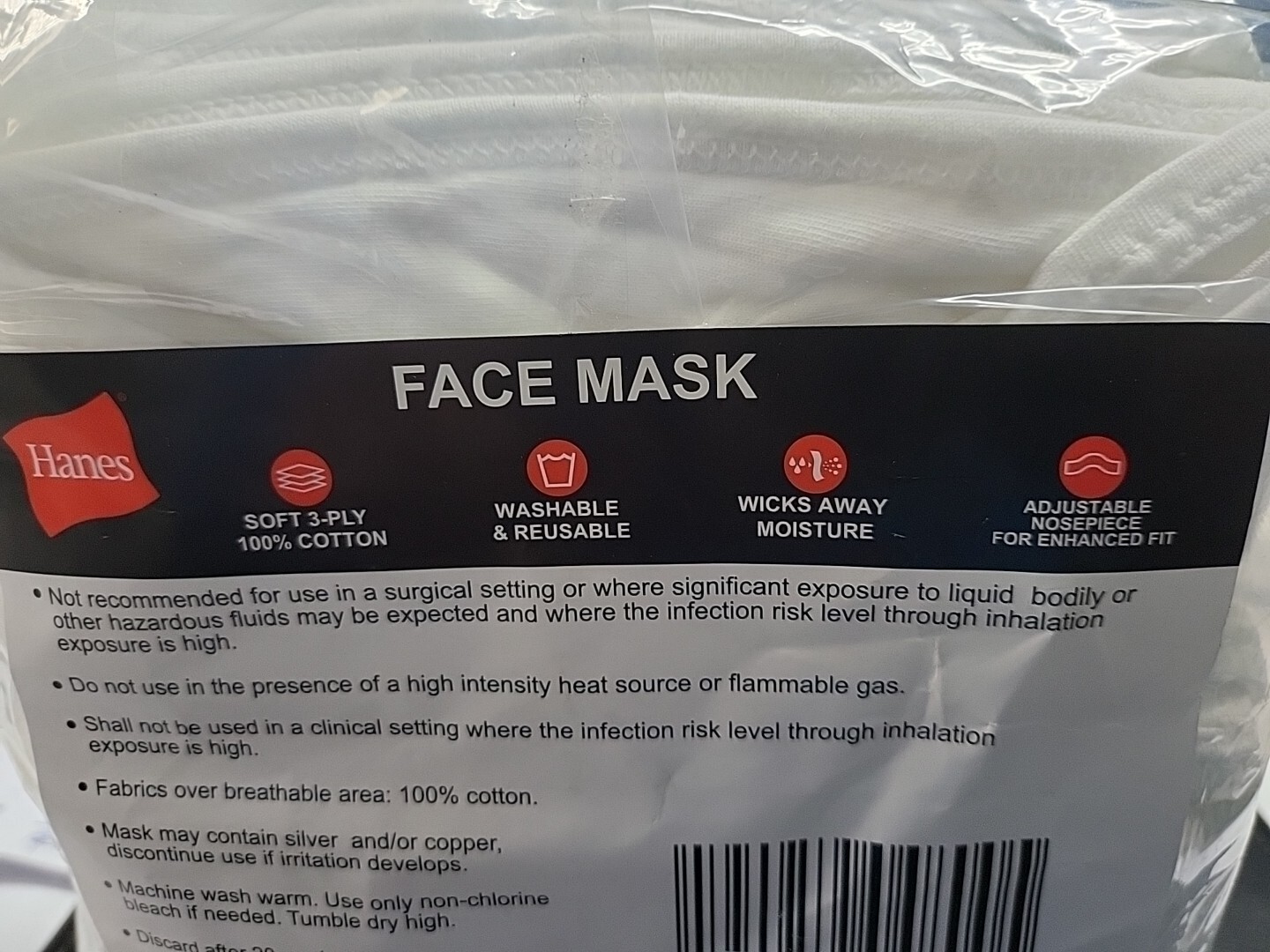 50 Hanes Washable Reusable White Face Masks Adjustable 100% Cotton (50 Pack)