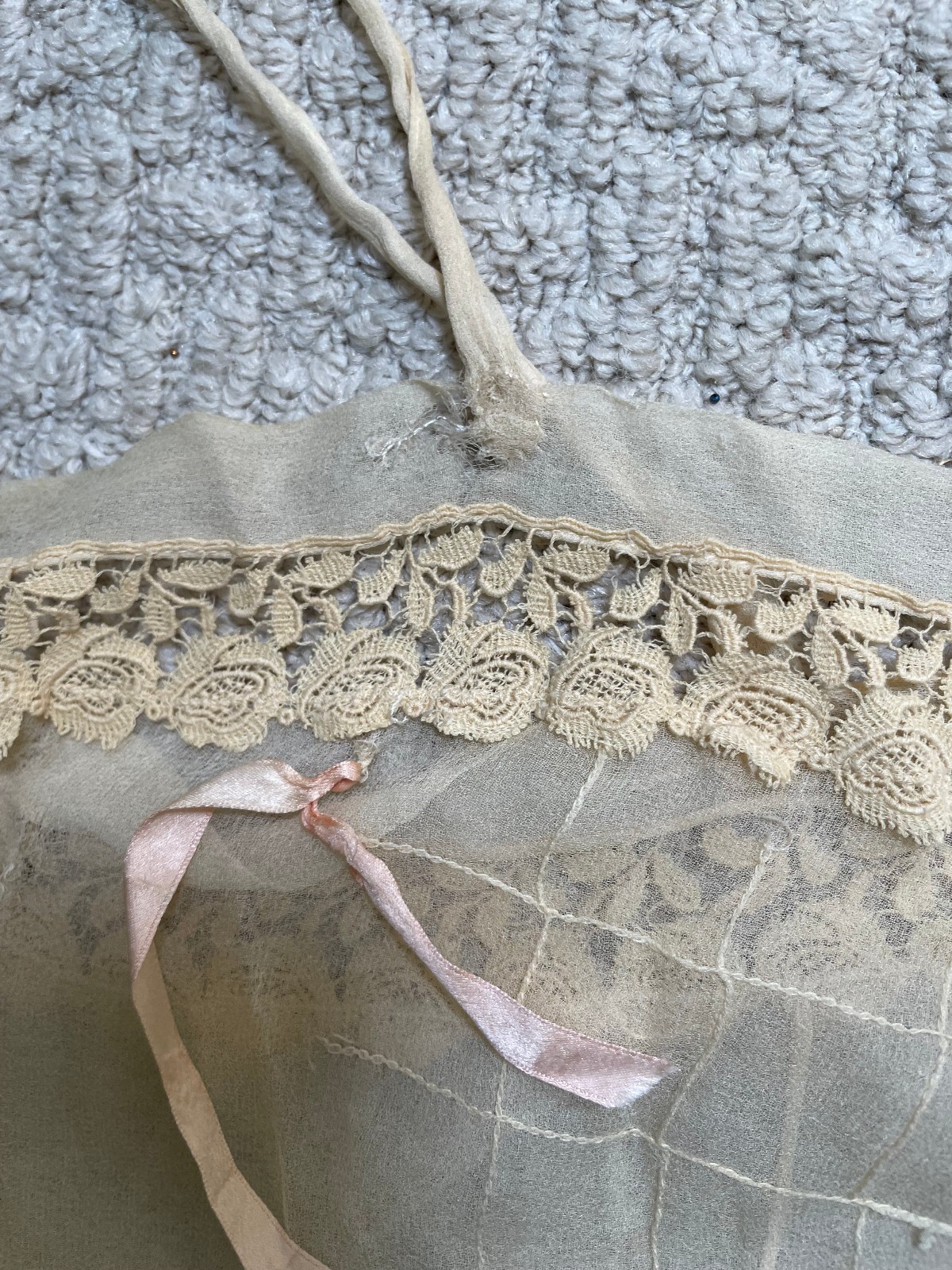 Antique 1900s Victorian Ivory Sheer Silk Slip Teddy Envelope Chemise Lace Holes
