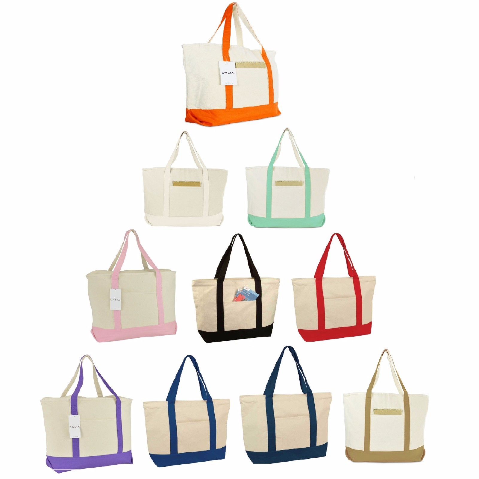 DALIX 22″ Large Cotton Canvas Zippered Shopping Tote Grocery Bag Black Red Blue
