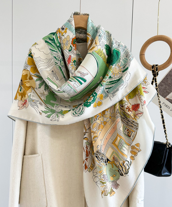 70% Cashmere 30% Silk Wrap Scarf Green garden Print Double Face Print Shawl 53”