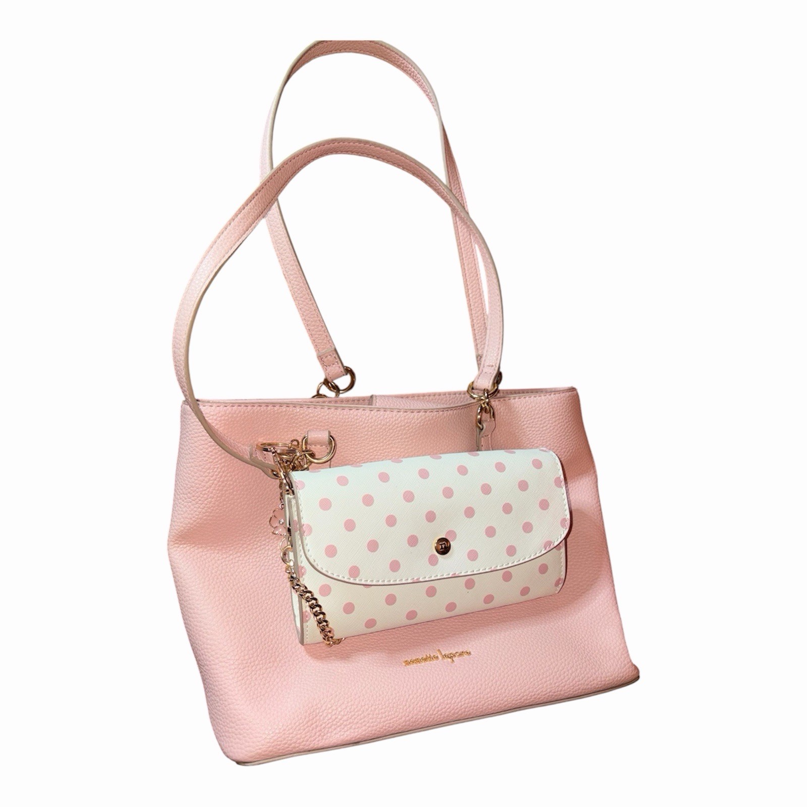 Nanette Lepore Womens Pink White Double Handle Shoulder Tote Handbag W/ Wallet