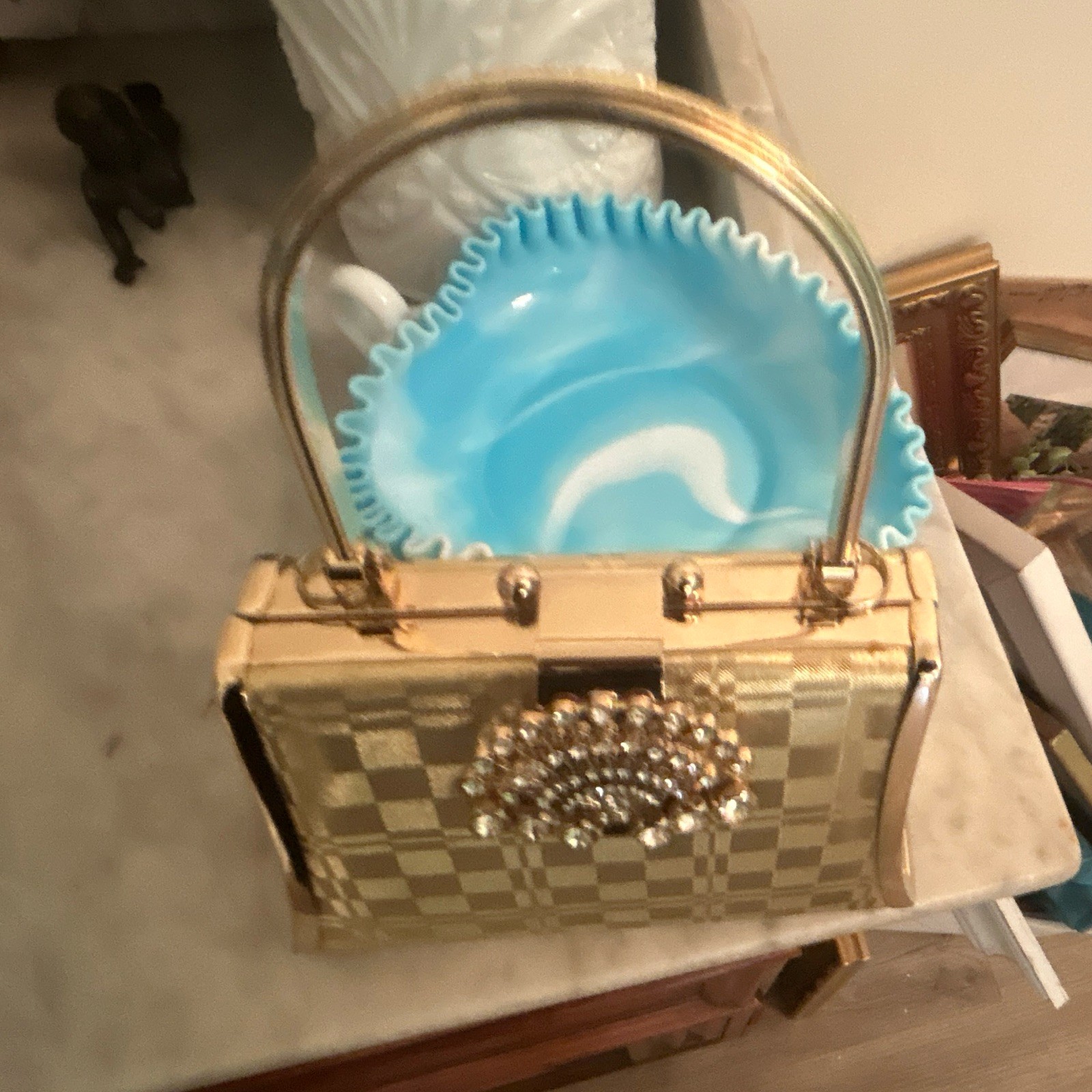 Gold Metallic Check Rhinestone Box Clutch Top Handle w/ Detachable Strap