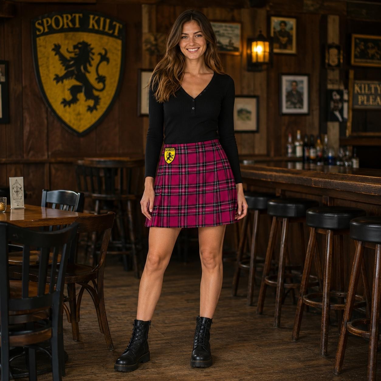 SPORT KILT Women’s Mini Skirt Pleated Pink Black MEDIUM Punk Goth Plaid USA MADE