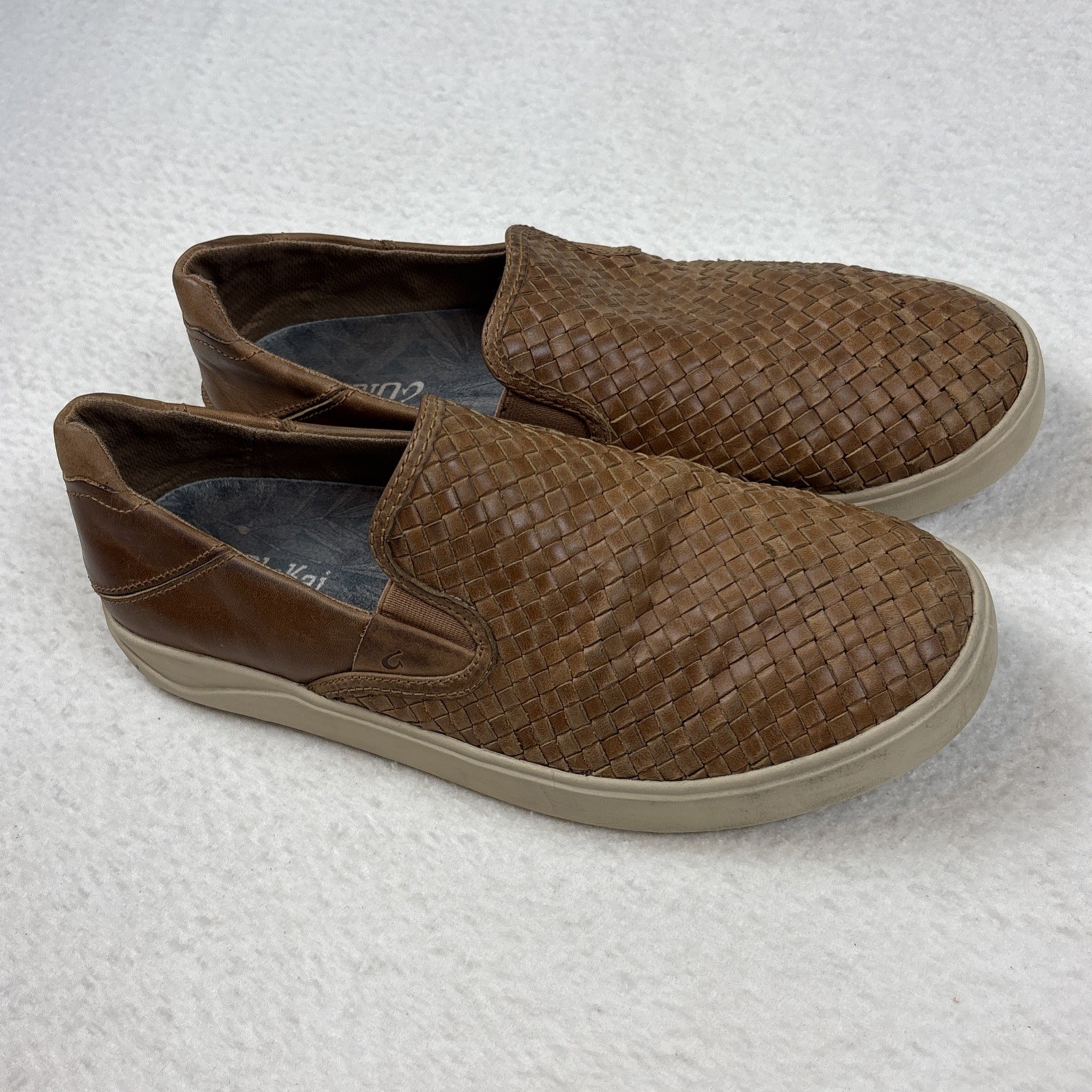 OluKai Lae’ahi Lauhala Mens Fox Brown Woven Leather Slip-On Sneakers – Size 10