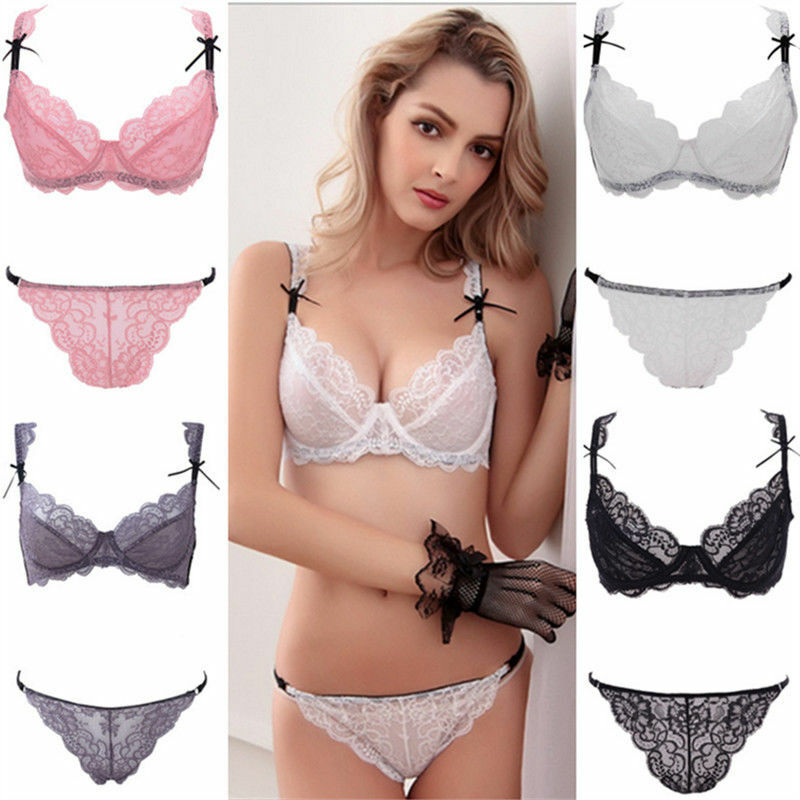Women See-Through Lace Push Up Transparent Everyday Bra Lingerie Porno Set lolit