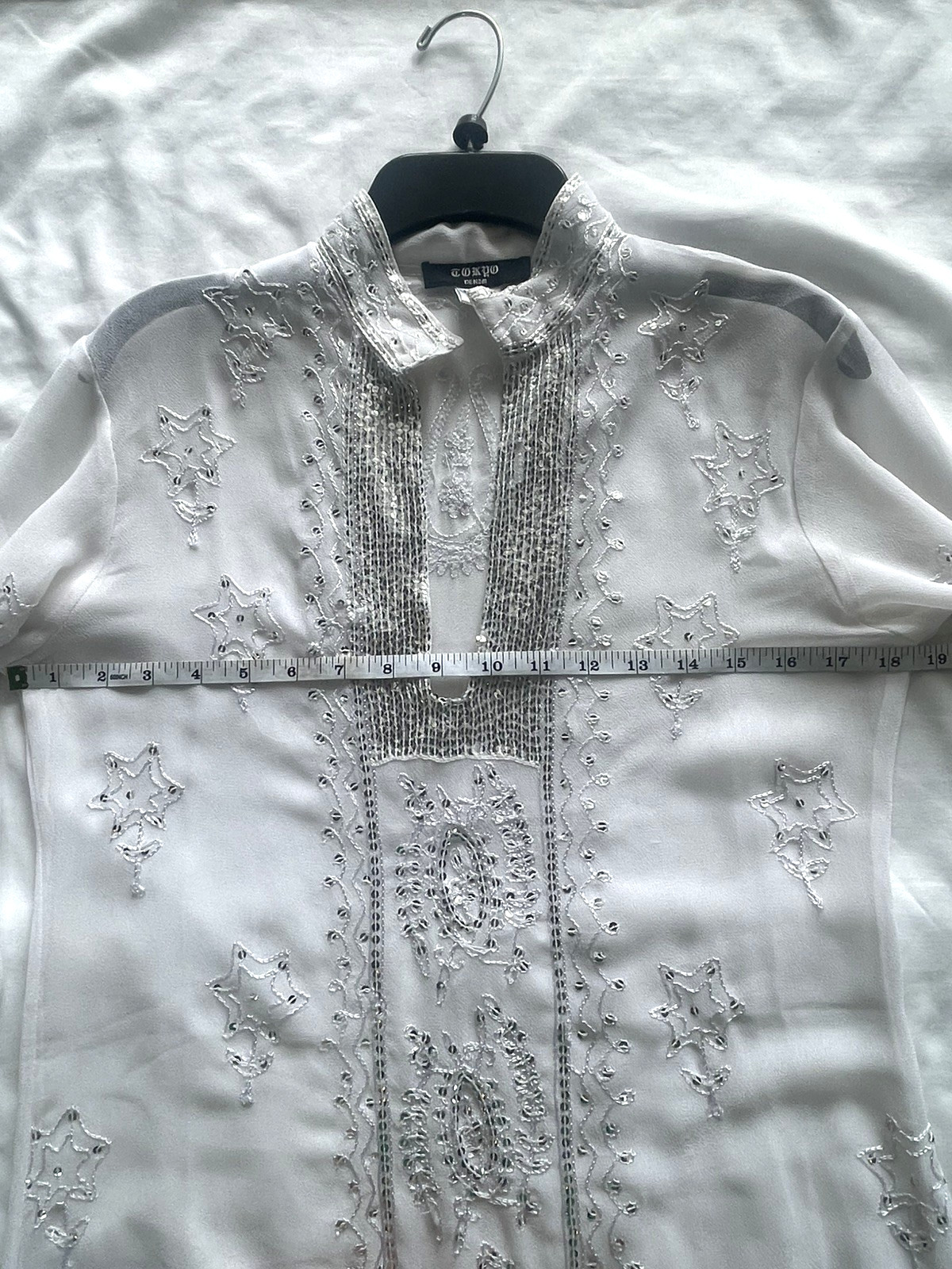 Tokyo Denim Beaded Embroidered Sheer White Floral Silver Sequin Dress M Size