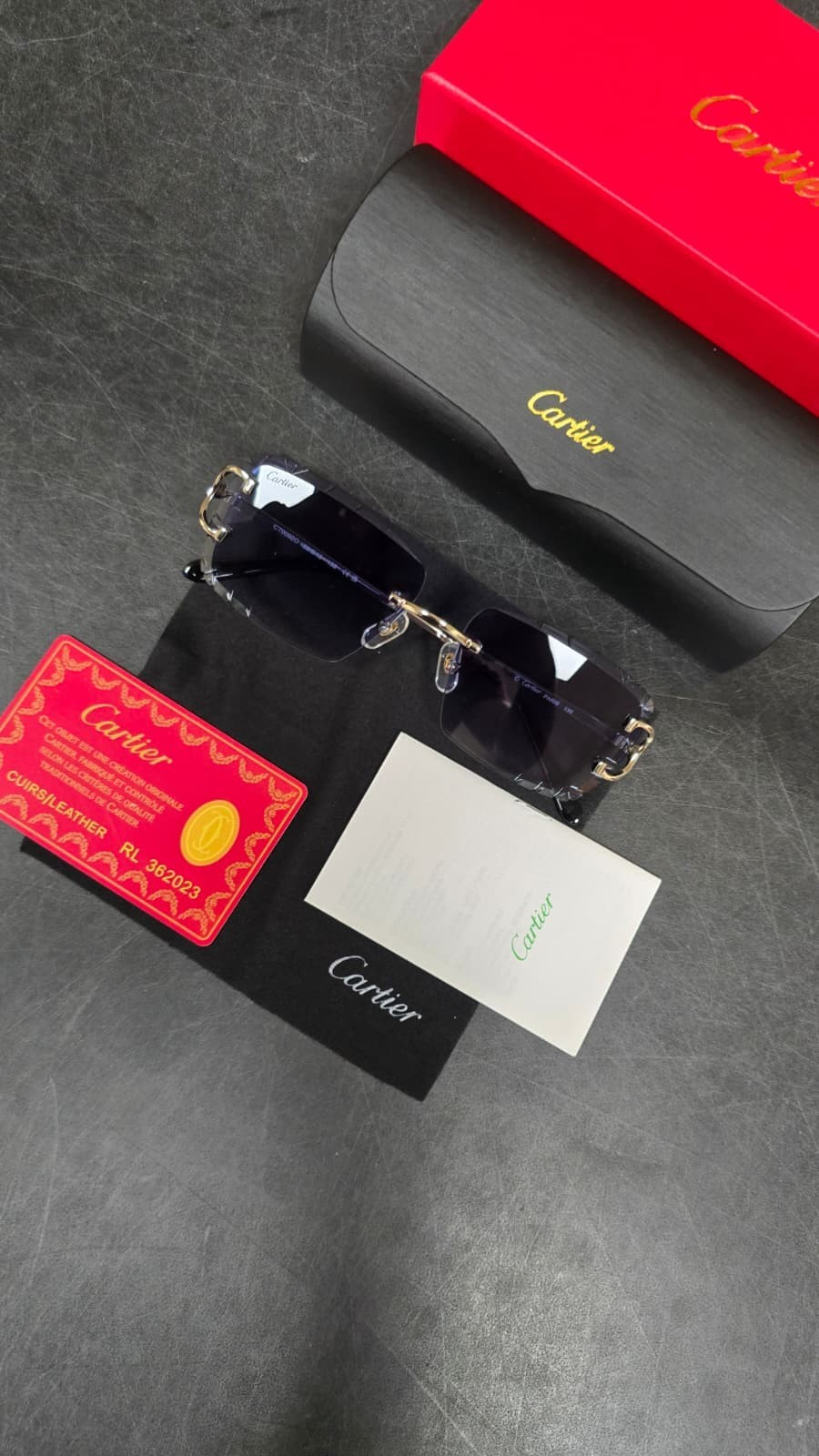 Cartier Big C Diamond Cut Red to Blue Fade Frameless Lens Gold Frame Big Box Ed.