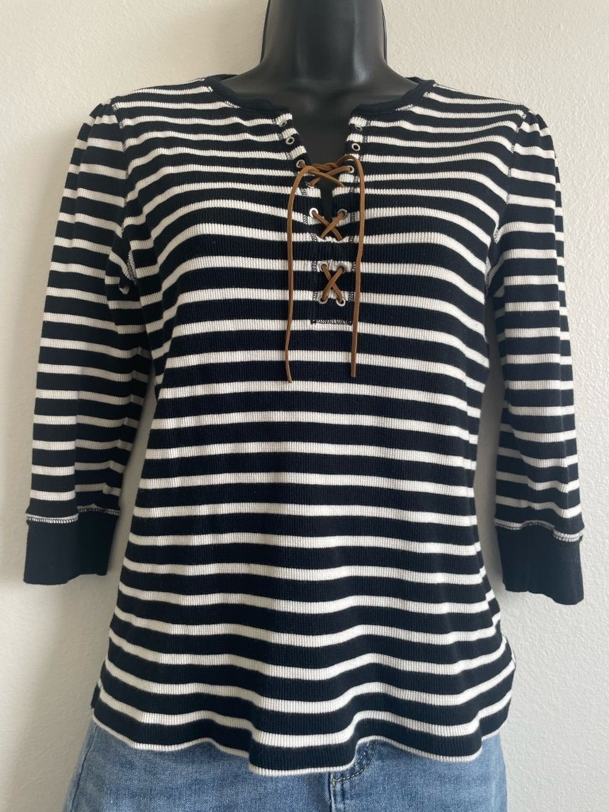 Lauren Ralph Lauren Striped Lace-Up Top Womens Black White Nautical – Medium