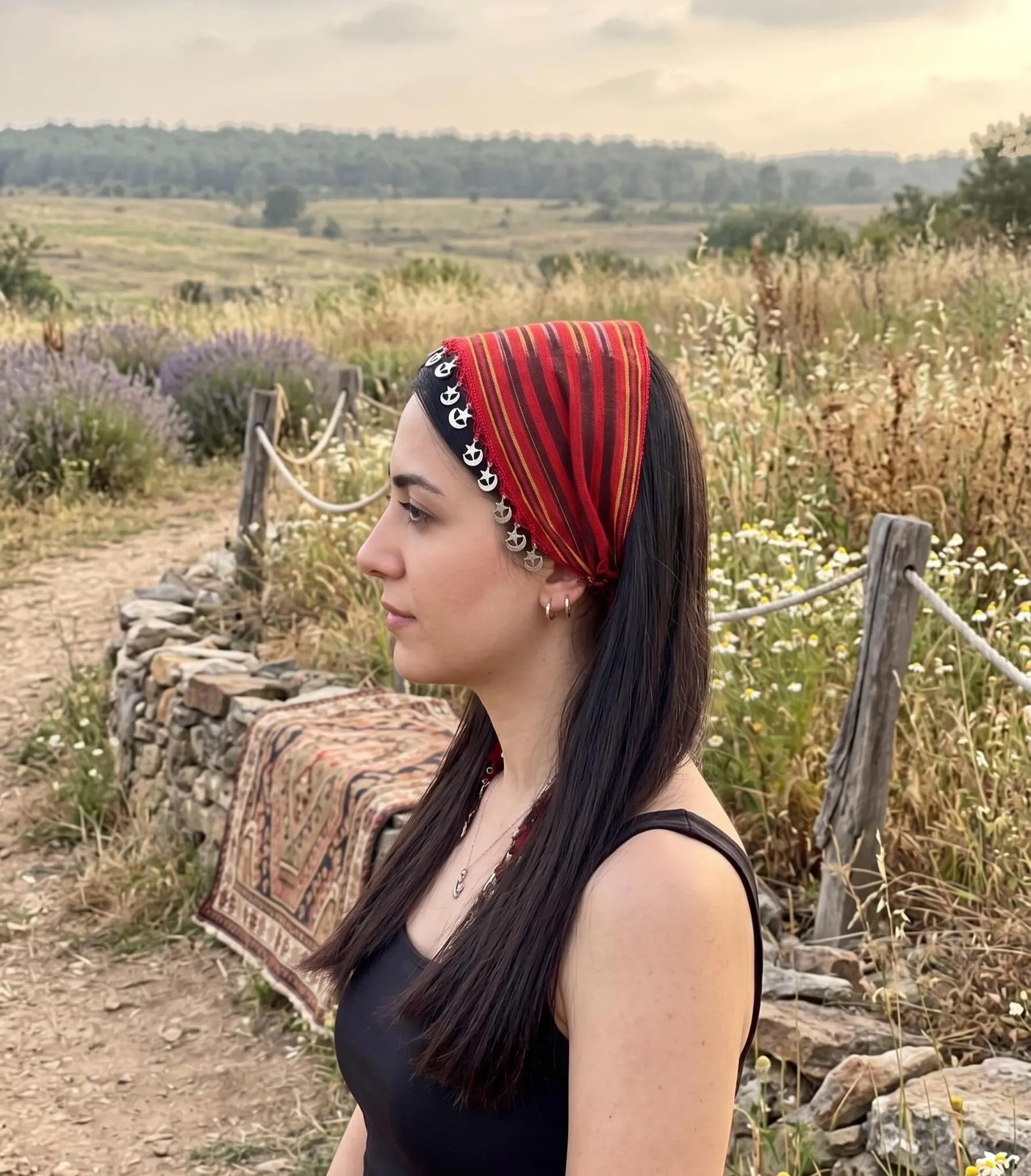 Turkish Keşan Cotton Bandana with Crescent Star Boho Hairband Handmade Unique