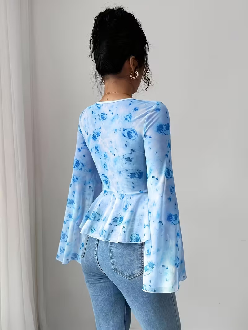 Floral Mesh Flared Sleeve Bow Neck Casual Elegant Tee