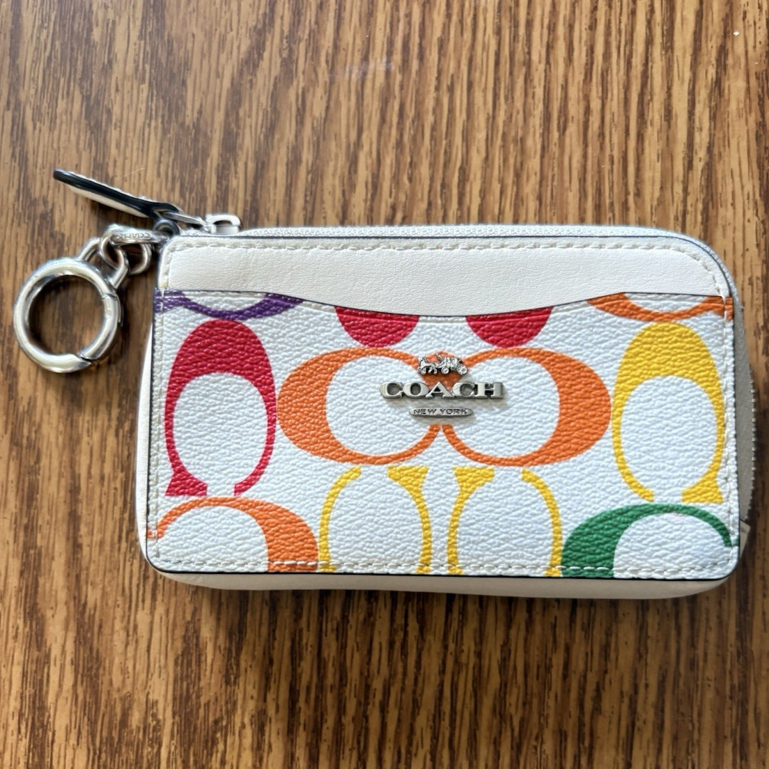 Coach Multicolor Signature Logo Zip-Around Wallet Card Holder w/ Key Ring