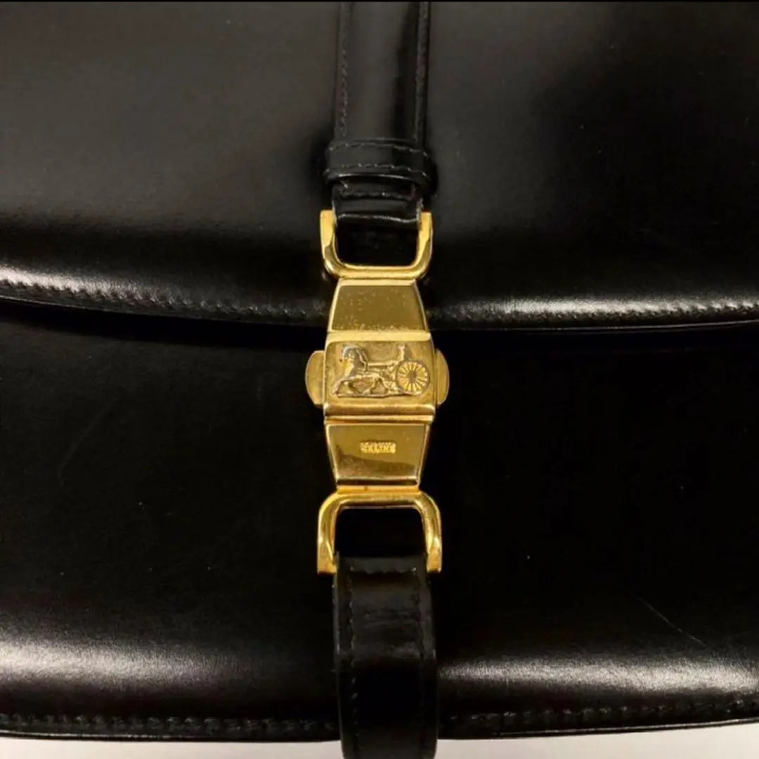 Celine Shoulder Bag Carriage Logo Box Calf Leather Vintage Rare Japan Used FS