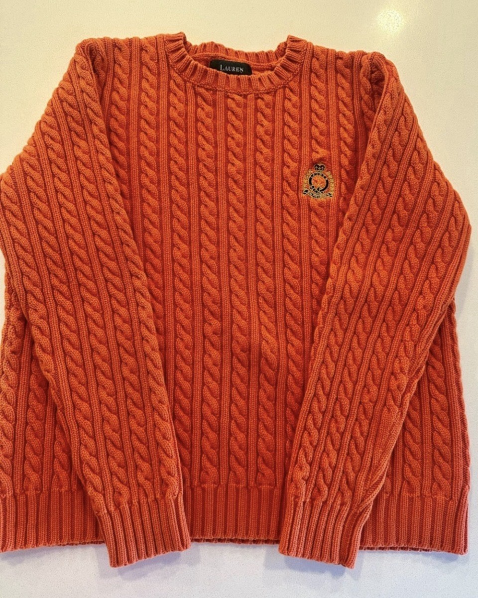 Lauren Ralph Lauren Orange Cable-Knit Crew Neck Pullover Cotton S
