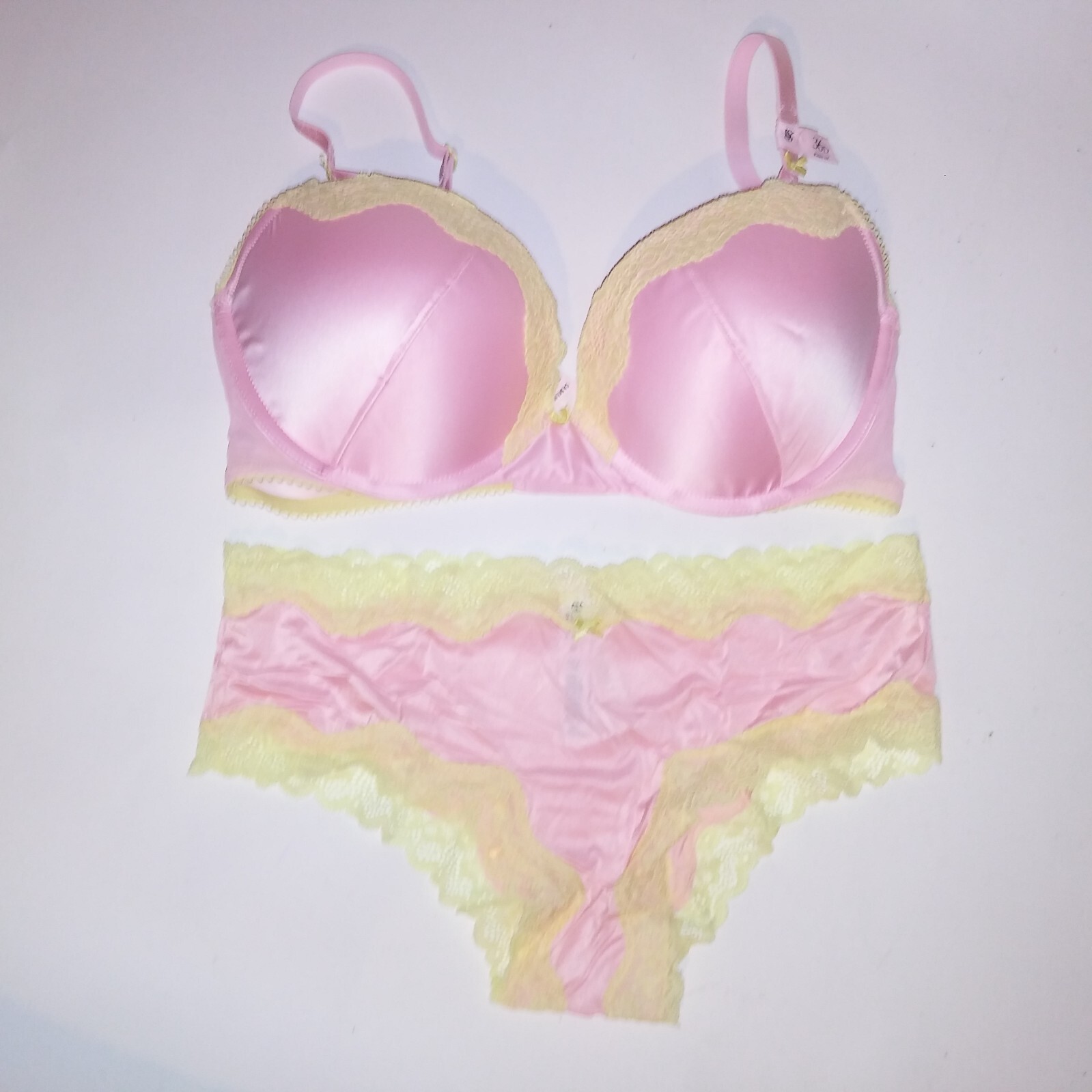 Victoria Secret Bra Set Tease Push Up Cheeky Panty Pink Yellow Lace Trim New