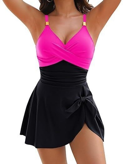 Women’s V Neck Wrap One Piece Swim Dress Tummy Control Skirted Swimsuit Bathing