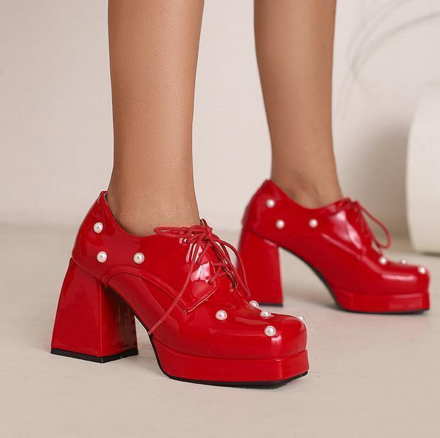 Women Square Toe Beaded Lace Up Pumps Candy Color Mary Jane Shoe Block Heel Pump