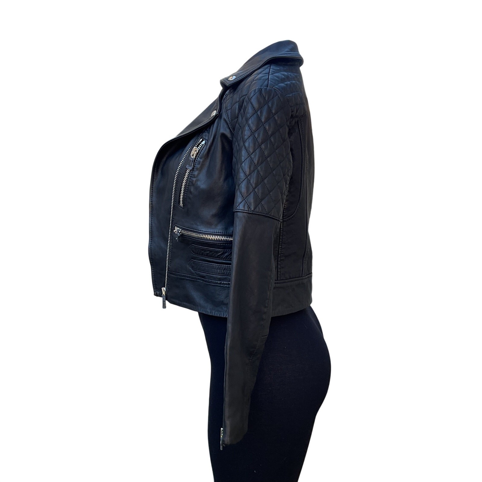 AllSaints Black Leather Moto Biker Jacket NWT Quilted Cropped Women US 2