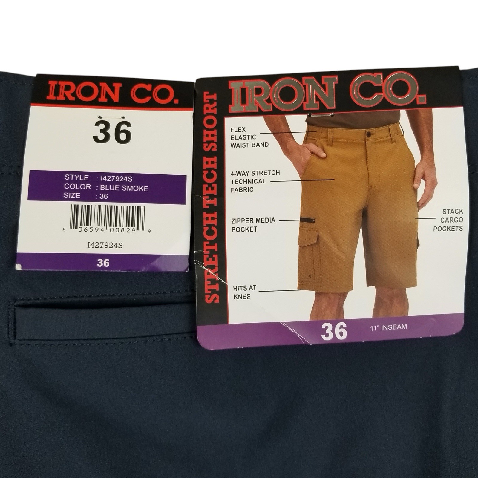 IRON Co Size 36 Men’s Flex Waistband Stretch Hybrid Multi Pocket Cargo Short