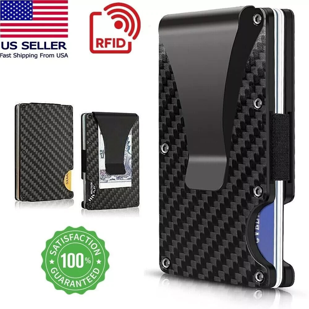 RFID Blocking Slim Money Clip Men’s Carbon Fiber Credit Card Holder Metal Wallet