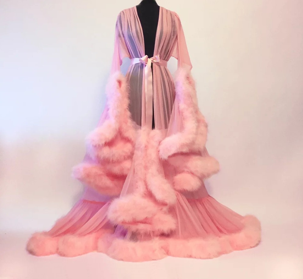 Sheer Tulle Feather Trim Long Robe Bridal Lingerie Dressing Gown Photoshoot