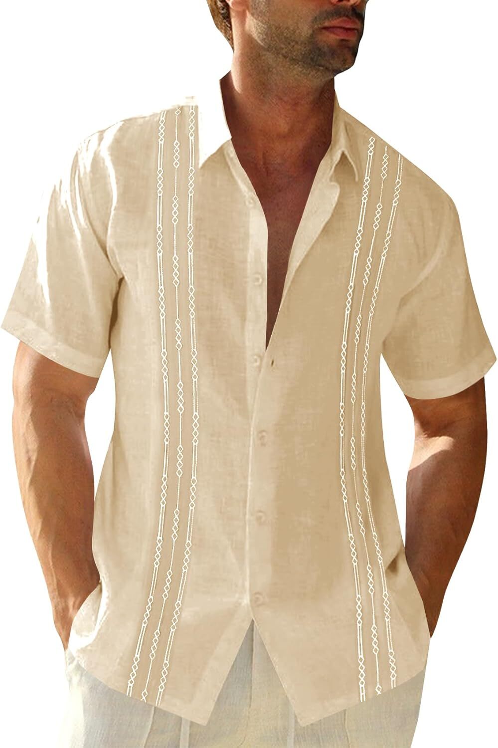 Mens Guayabera Shirt Linen Cotton Embroidered Short Sleeve Cuban Wedding Beach