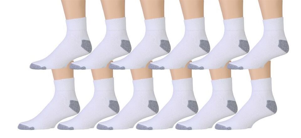 6 12 Pairs Mens Ankle Quarter Crew Sport Socks White 2 Tones Cotton 9-11 10-13