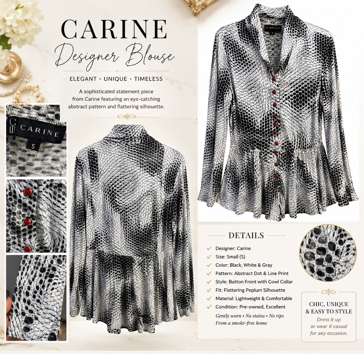Carine Women’s S Black/White/Gray Abstract Cowl Neck Long Sleeve Button Blouse