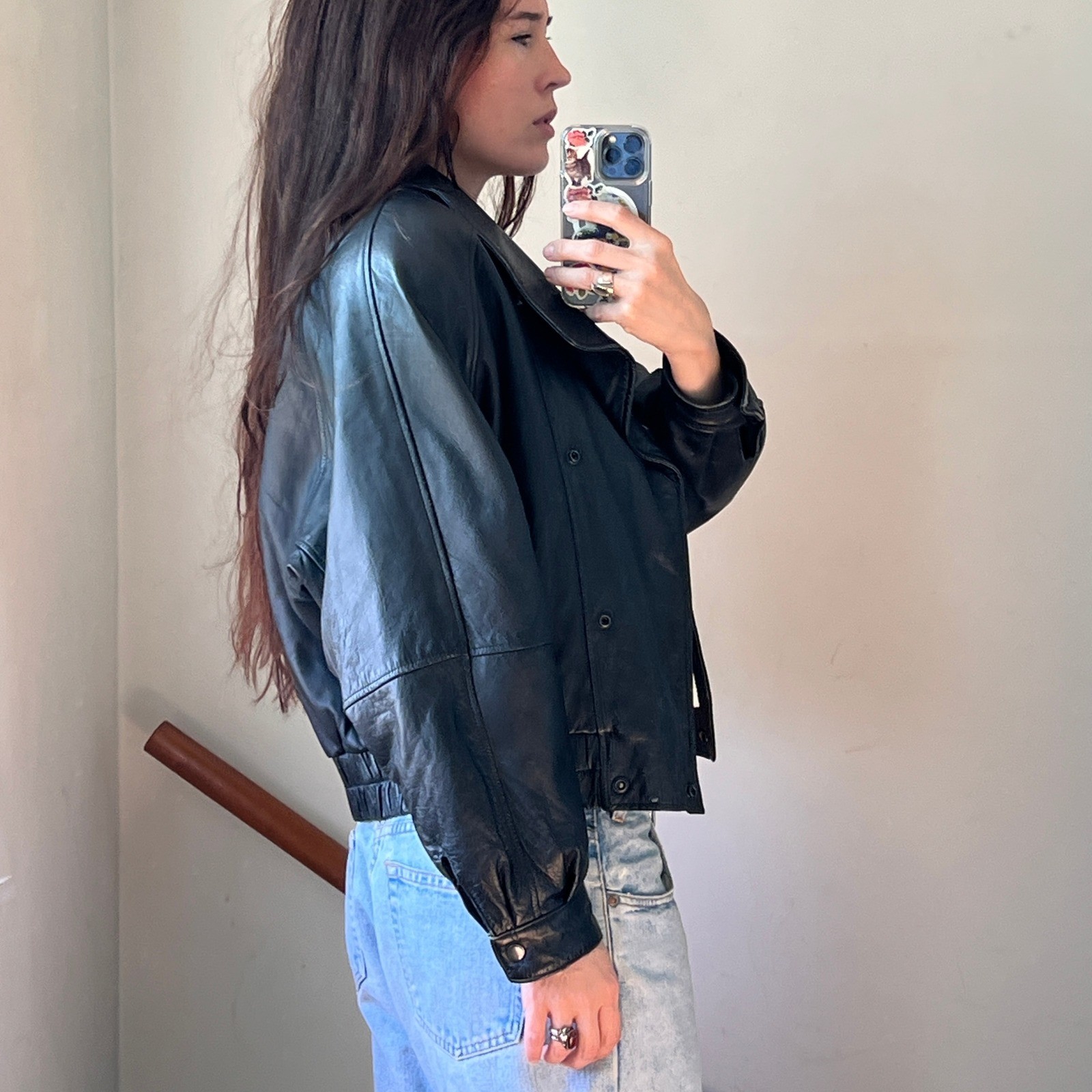 Vintage 80s Leather Jacket Black Cropped Statement Bomber Moto Biker 90s