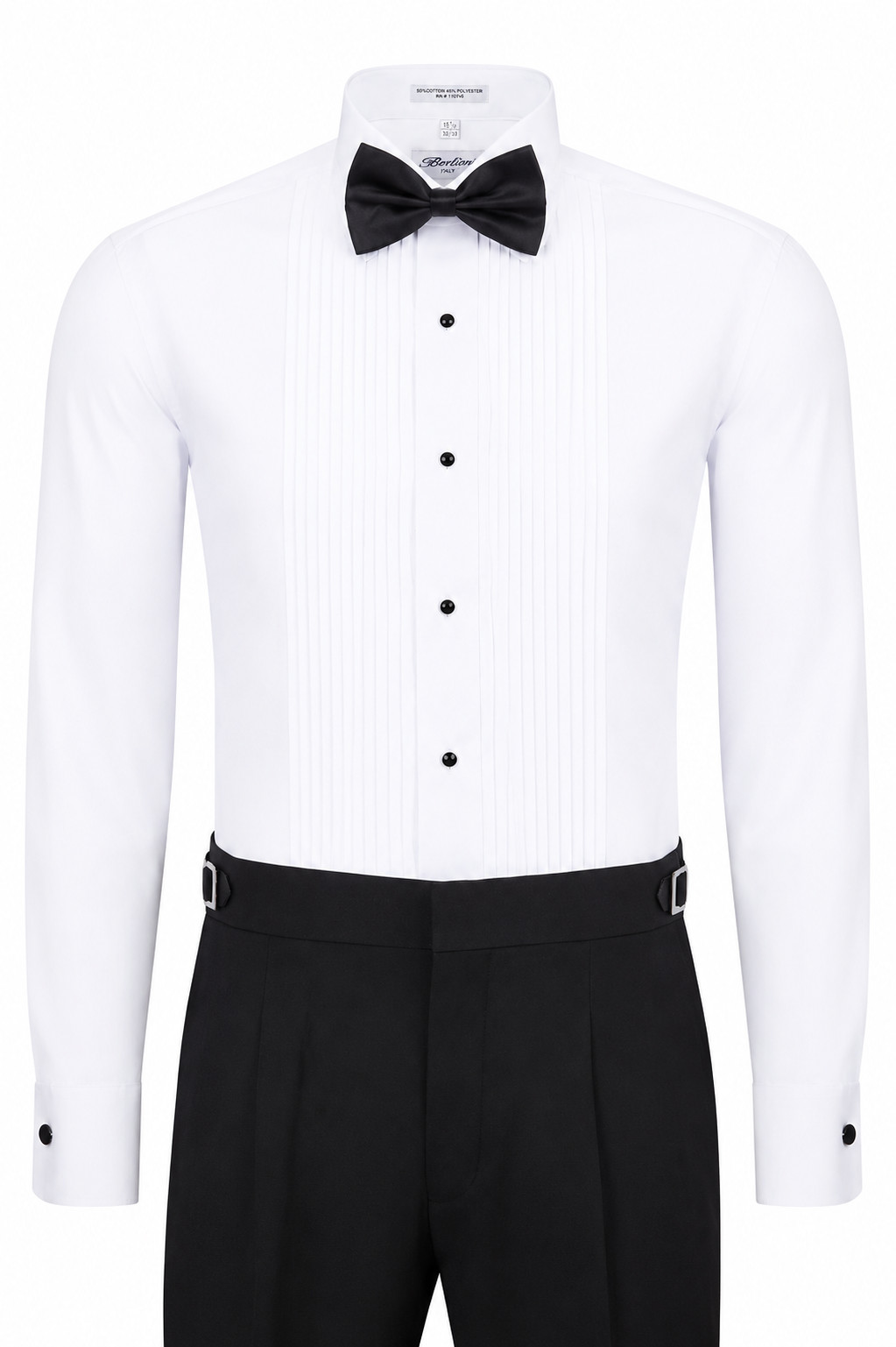 New Berlioni Italy Men’s Premium Tuxedo Dress Shirt Laydown Collar Bow-Tie White